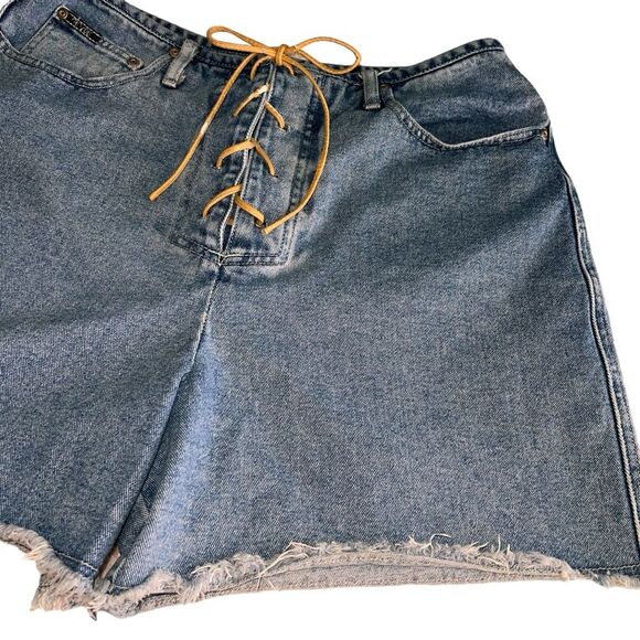 Vintage Revolt Jean Shorts Lace Up Front Size 16 Raw Hem High Waist Rigid Cotton - Picture 9 of 11